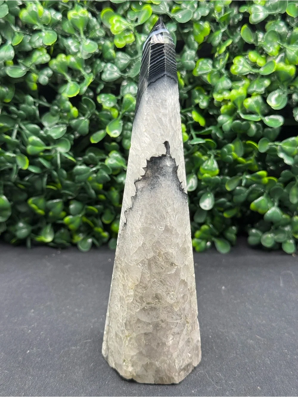 Black Banded Agate & Quartz Tower Obelisk